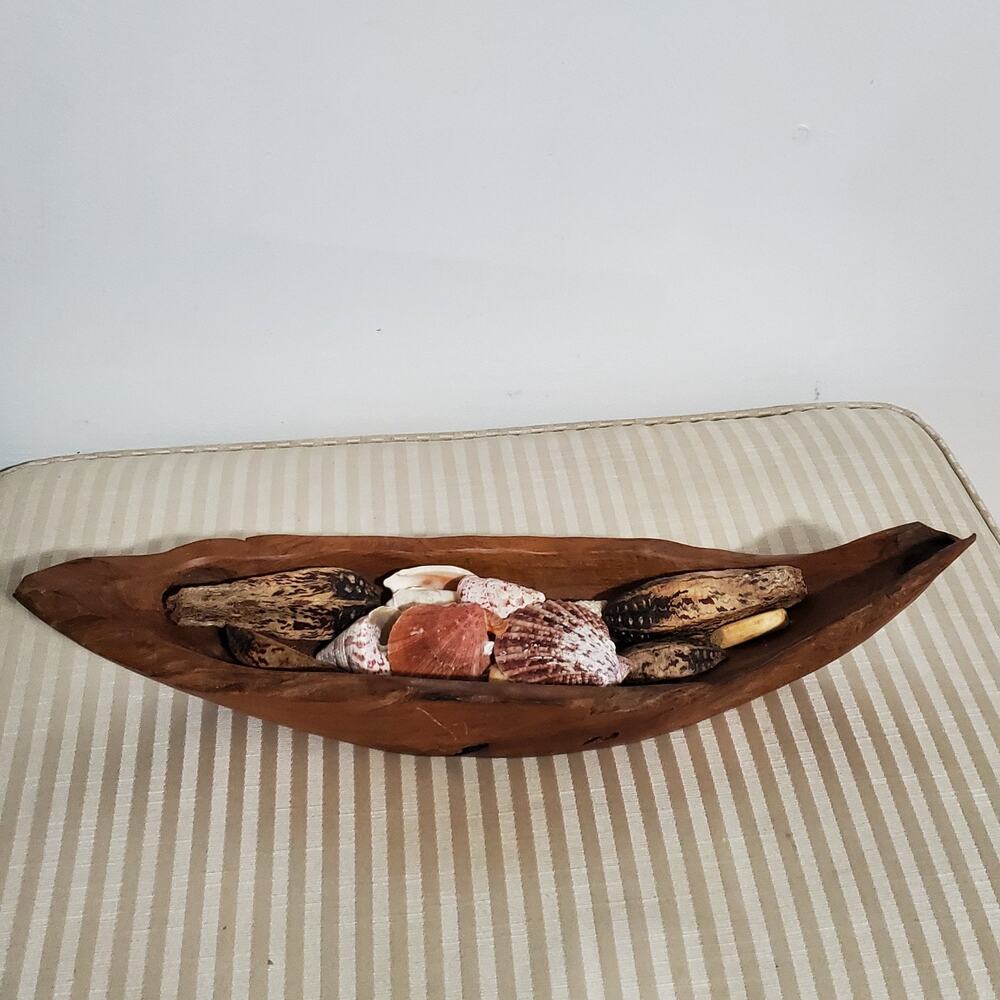 Hand Carved Boat Shaped Teak Wood Bowl Rustic Centerpiece with Filler 18"